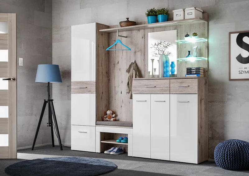 Wilton - Set composizione da ingresso moderna bianco lucido e rovere cm 210x35x200h