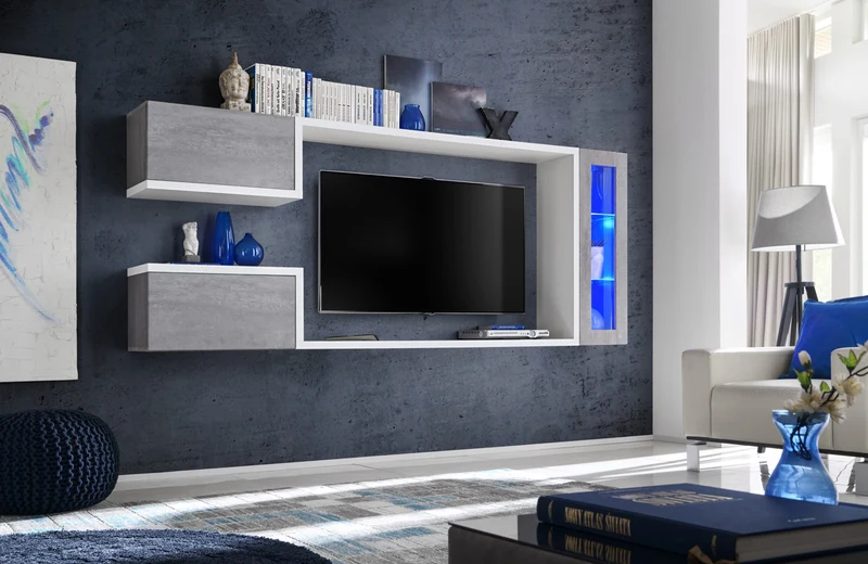 Galaxy - Parete contemporanea living sospesa colore bianco e cemento