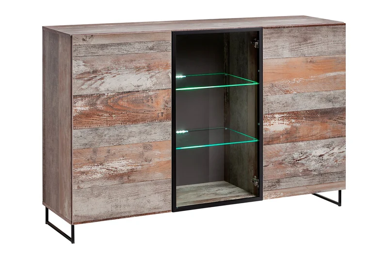 Babila - Credenza con 3 ante stile industriale in legno con ripiani in vetro e luci a led cm 150x40x97h