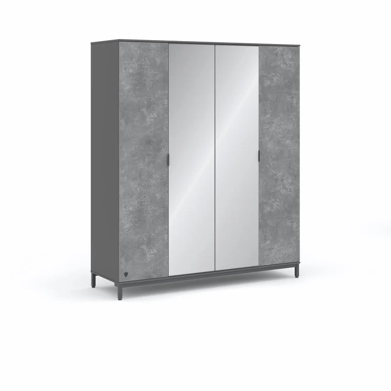 Armadio 4 Ante Space Gray con Specchio, Fissaggio a Parete e Cerniere Autofrenante, Design Minimalista