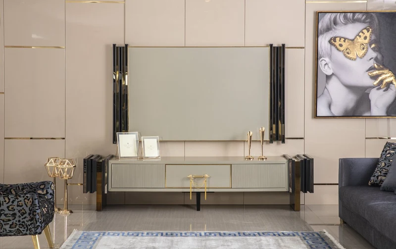 Unità Televisiva Kenya In Legno Di Carpino, MDF Verniciato, Dimensioni 254x58x48 Cm, Facile Pulizia, Design Elegante