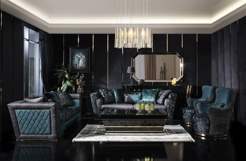 Set Divano Nero Oro 4 Posti + 4 Posti + 1 Poltrona + 1 Poltrona, Comfort e Design Elegante
