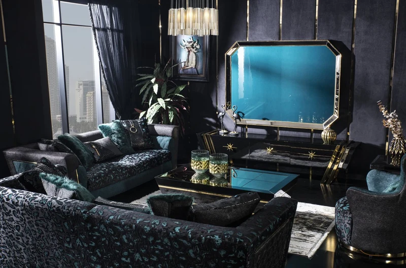 Unità Televisiva Black Gold In MDF Prima Classe, Metallo Titanio, Design Elegante 245x57x47 cm
