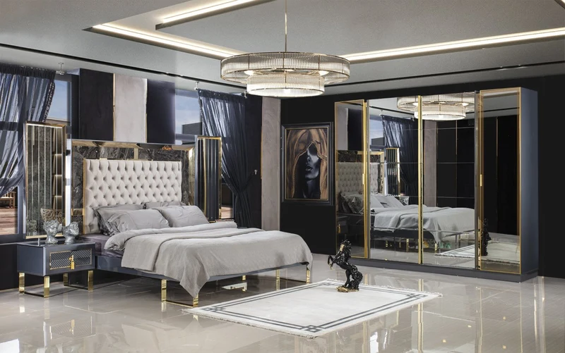 Set Camera Da Letto Amsterdam: Letto, 2 Comodini, Armadio, Comò, Specchio E Pouf in MDF Resistente