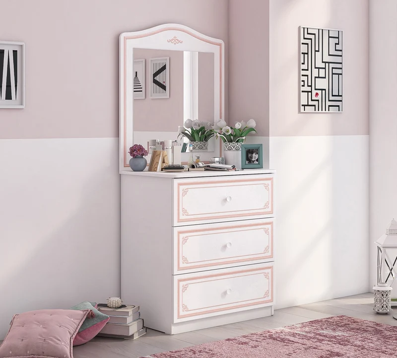 Comò Selena Rosa 3 Cassetti, Dimensioni 73x80x49 Cm, Soluzione Di Archiviazione Funzionale Per Bambini