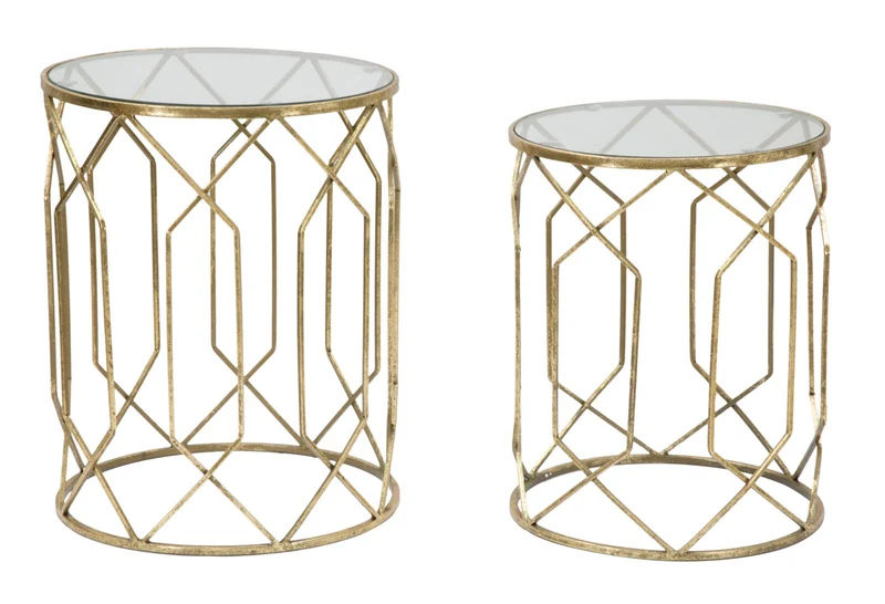 Set 2 tavolino da salotto tondo in metallo dorato piano in vetro design moderno