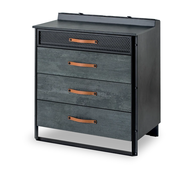 Comò Metallico Scuro 78,4x87,5x48,3 cm Con 2 Divisori In Pelle E Cassetto Suddiviso