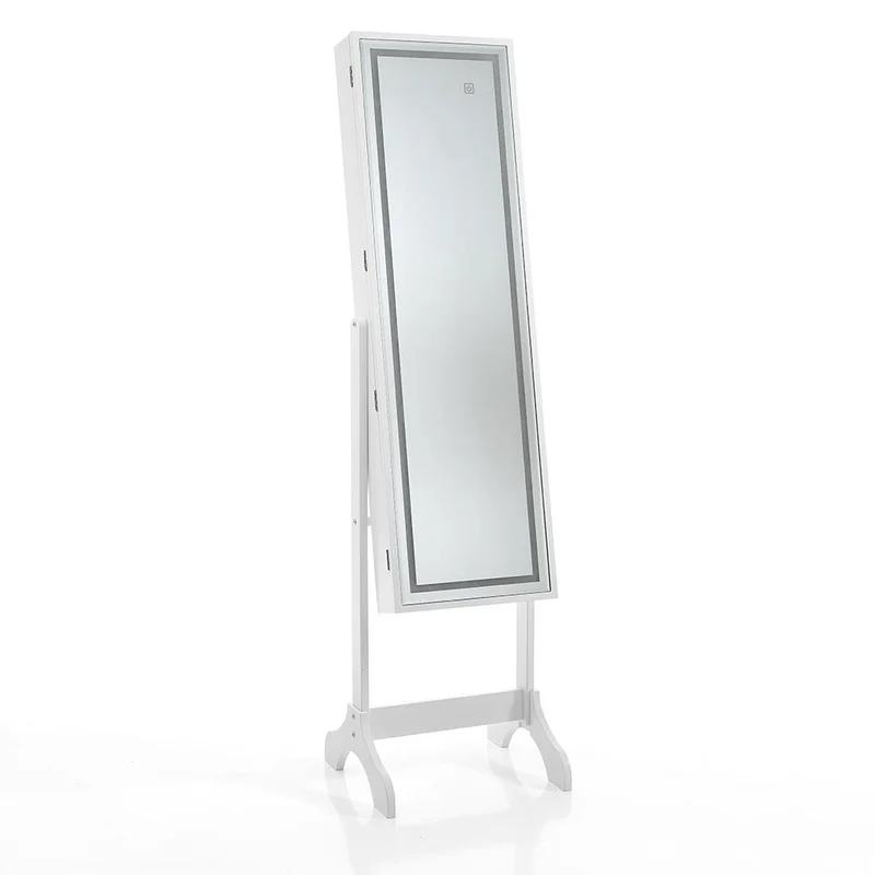 Specchiera in legno con base di appoggio colore bianco luce led vano contenitore cm 41x40x160h