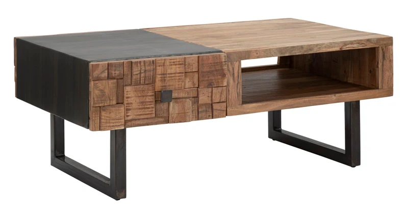 Tavolino da salotto basso industrial 2 cassetti in legno di acacia cm 110x60x43h