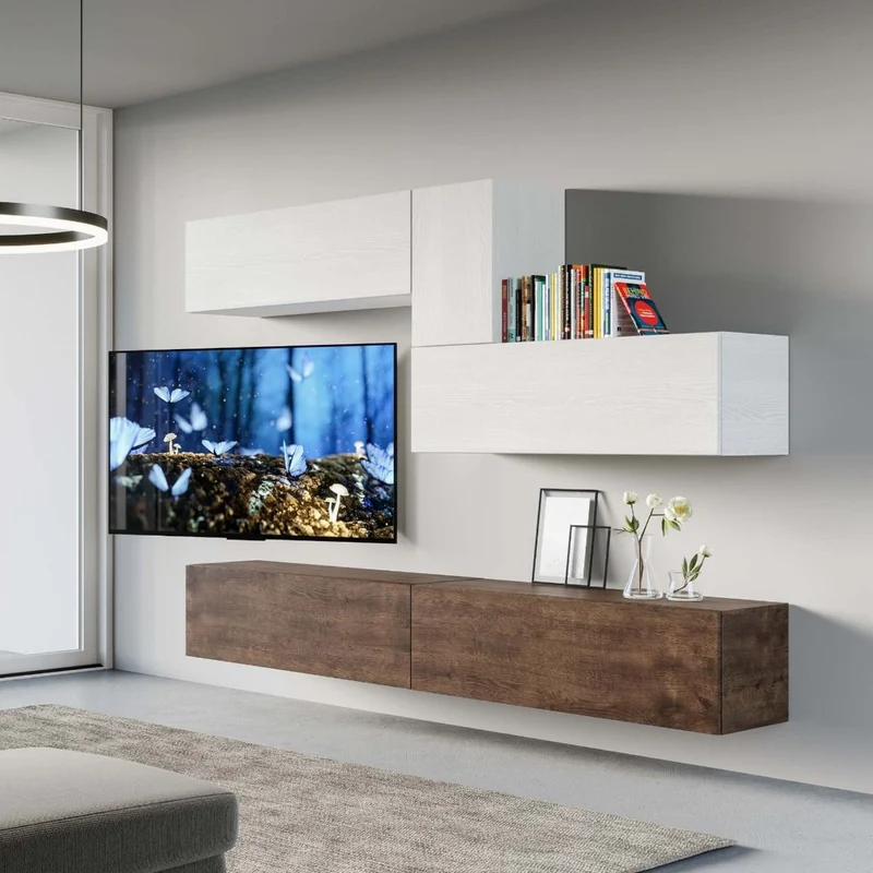 Deanna - Parete moderna componibile pensili sospesi bianco e noce