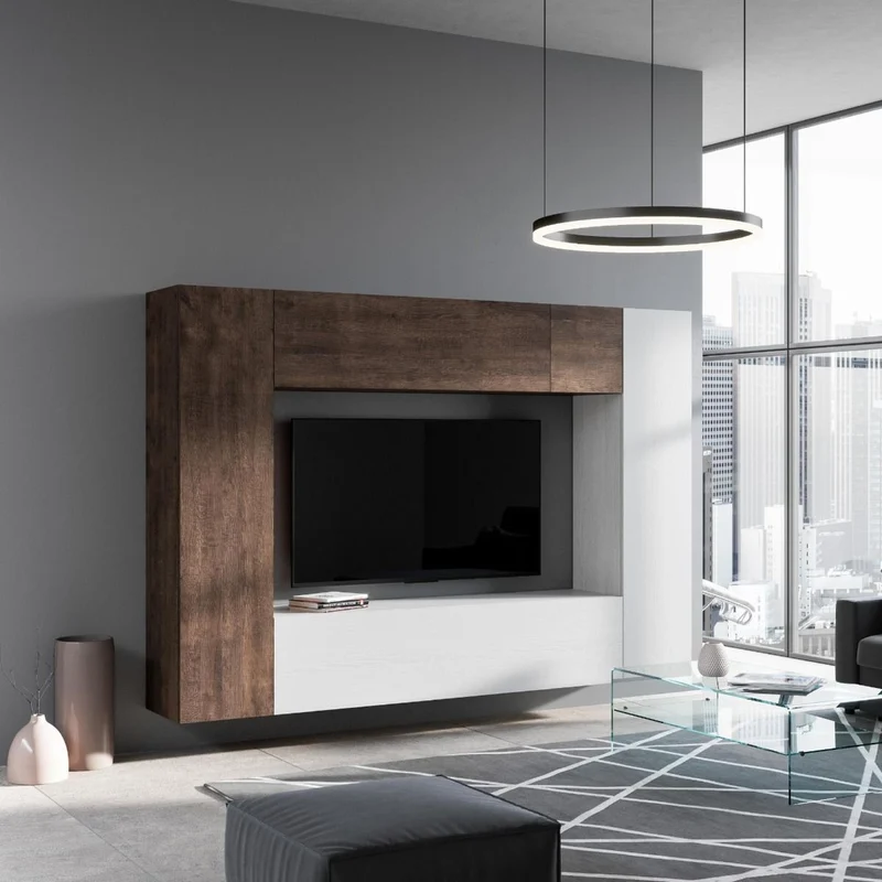 Mirea - Composizione living parete moderna con pensili bianco e noce