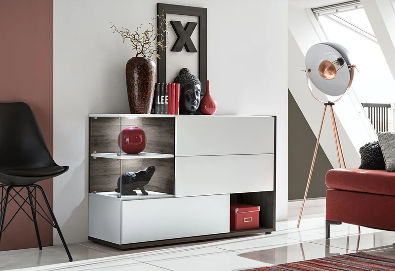 Credenza madia moderna da salotto con angoli vetrina illuminati a led - vari colori