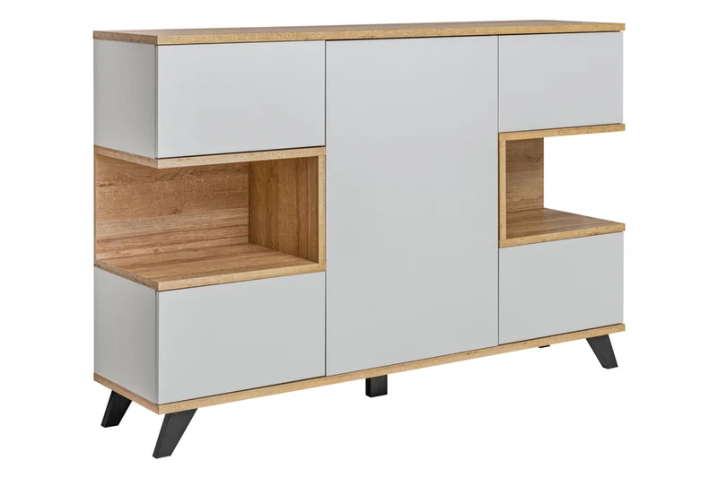 Elfa - Madia moderna con vani laterali e 4 ante rovere e grigio chiaro cm 160x40x106h