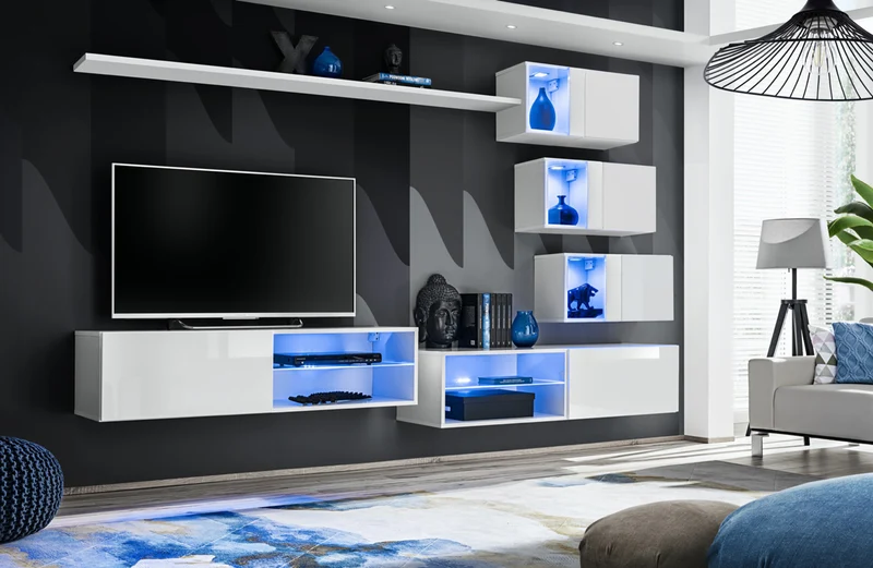 Deanira - Parete living attrezzata sospesa componibile con luci a led - vari colori