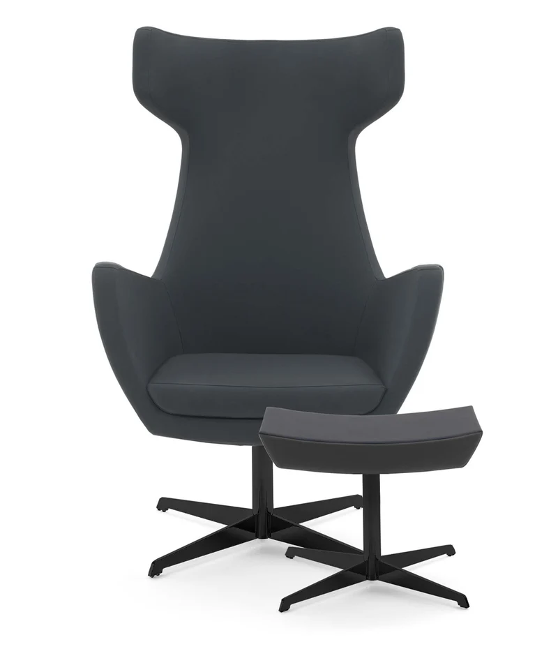 Poltrona girevole con pouf moderna imbottita schienale alto base in metallo - vari colori