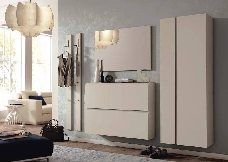Composizione per ingresso sospesa design moderno con scarpiera armadio e appendiabiti - vari colori