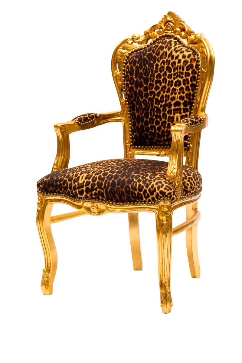 Poltrona stile barocco struttura in legno oro e tessuto leopardato cm 63x65x108h