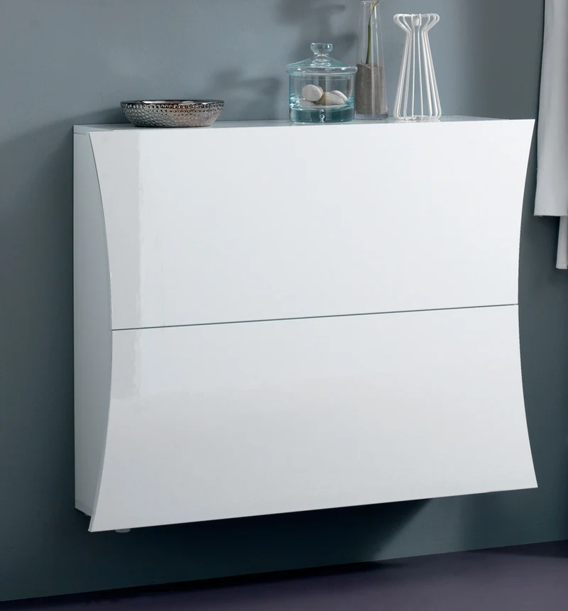 Micaela - Scarpiera sospesa in legno colore bianco lucido 2 ante design ad arco cm 101x26x81h