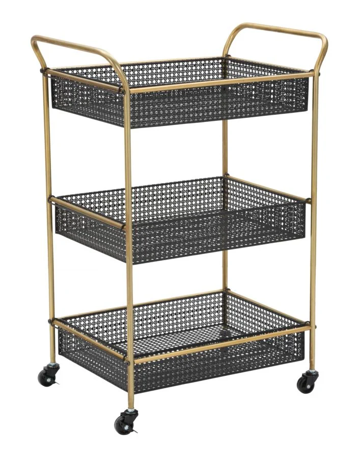 Carrello da salotto in metallo dorato e nero con 3 cestelli cm 56x37x81h