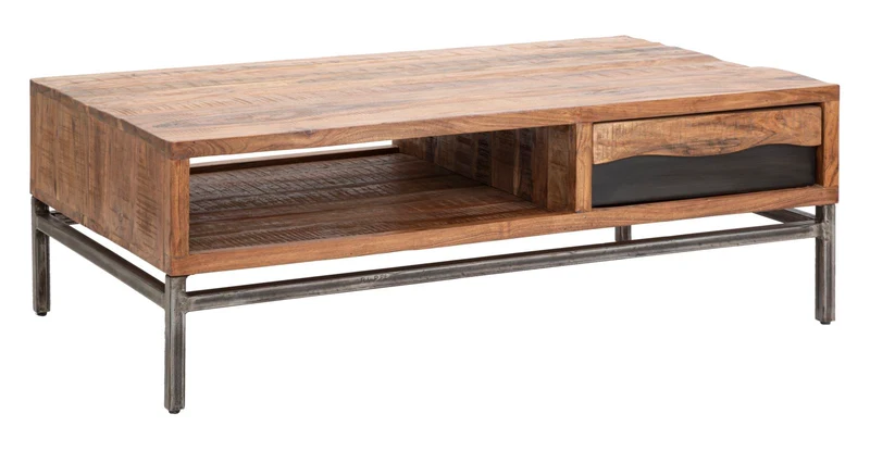 Tavolino da caffè basso in legno di acacia con cassetto e vano cm 118x70x40h