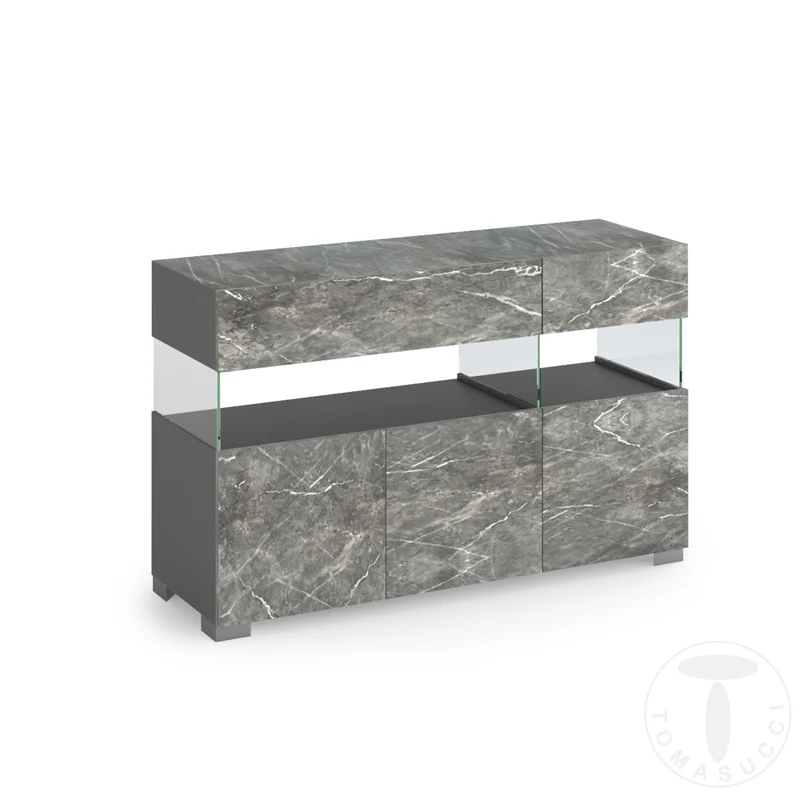 Mobile zona giorno con ante e cassetti in legno effetto marmo e vetro cm 129x40x81h