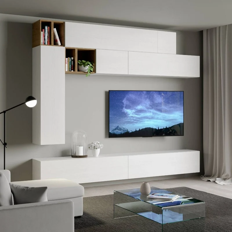 Pitagora - Parete per living moderna in legno bianco frassino e quercia