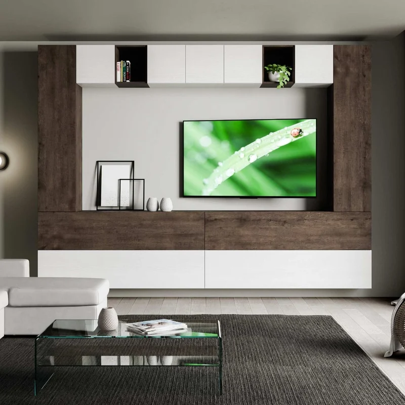 Anselmo - Parete attrezzata design moderno con pensili e vani bianco e noce