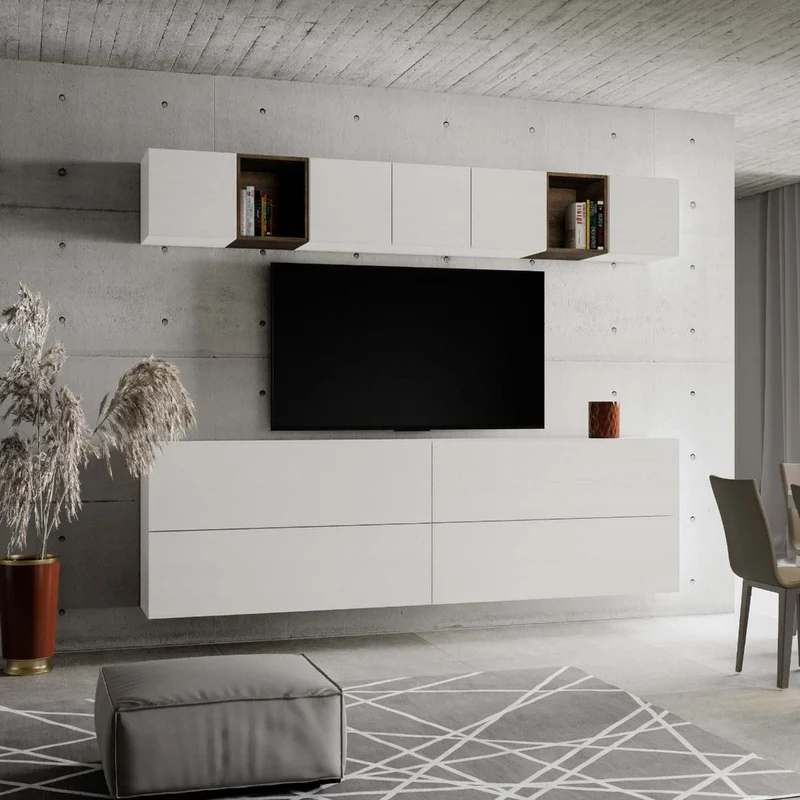 Mariposa - Soggiorno a parete componibile in legno bianco e noce