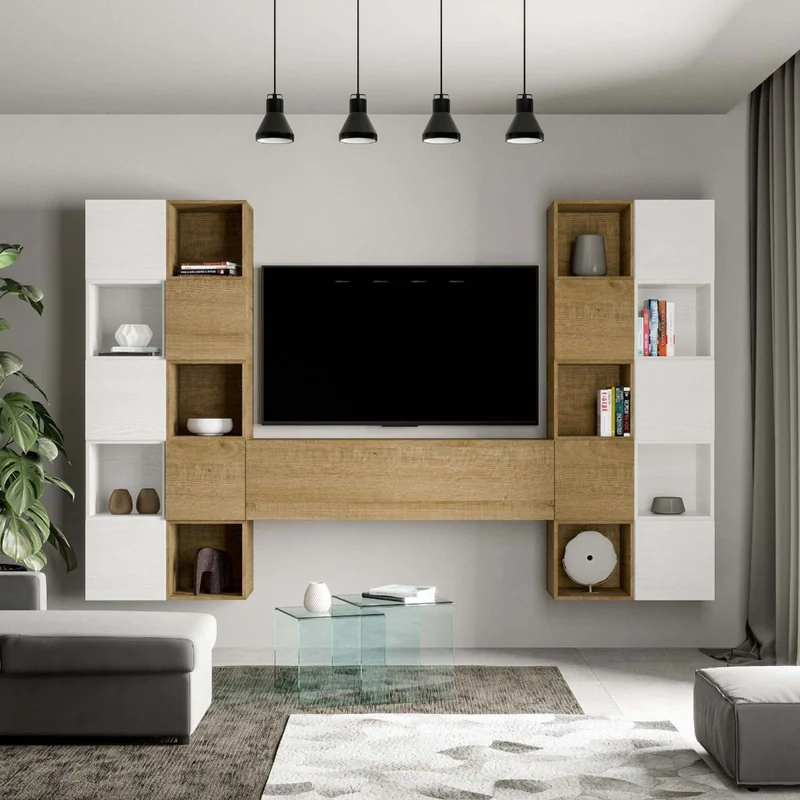 Annalisa - Parete attrezzata living moderna in legno quercia e bianco frassino