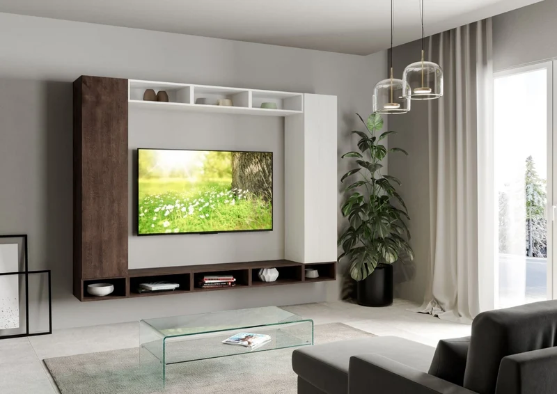 Natia - Composizione pensili in legno parete design bianco frassino e noce
