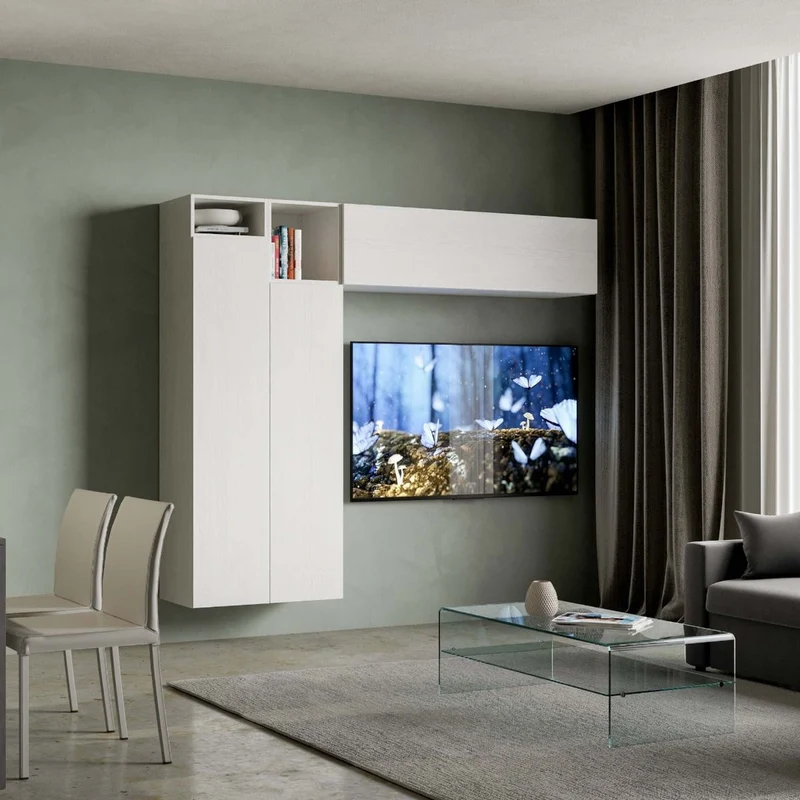 Donatella - Parete living componibile in legno colore bianco
