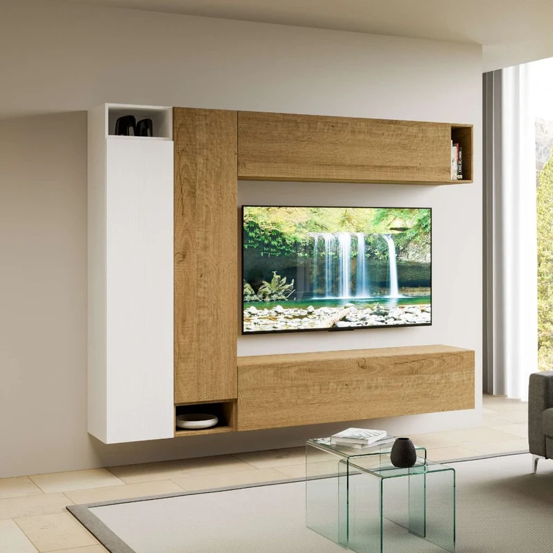 Marisa - Parete attrezzata contemporanea sospesa in legno bianco e quercia