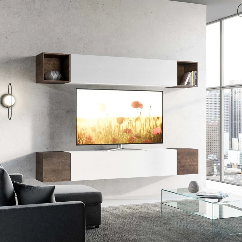 Claretta - Parete design da salotto moderna in legno bianco e quercia