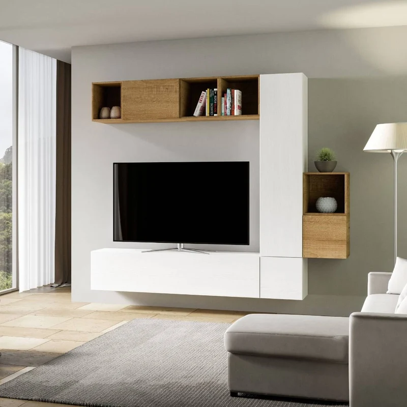 Krizia - Parete da salotto design contemporaneo in legno bianco e noce