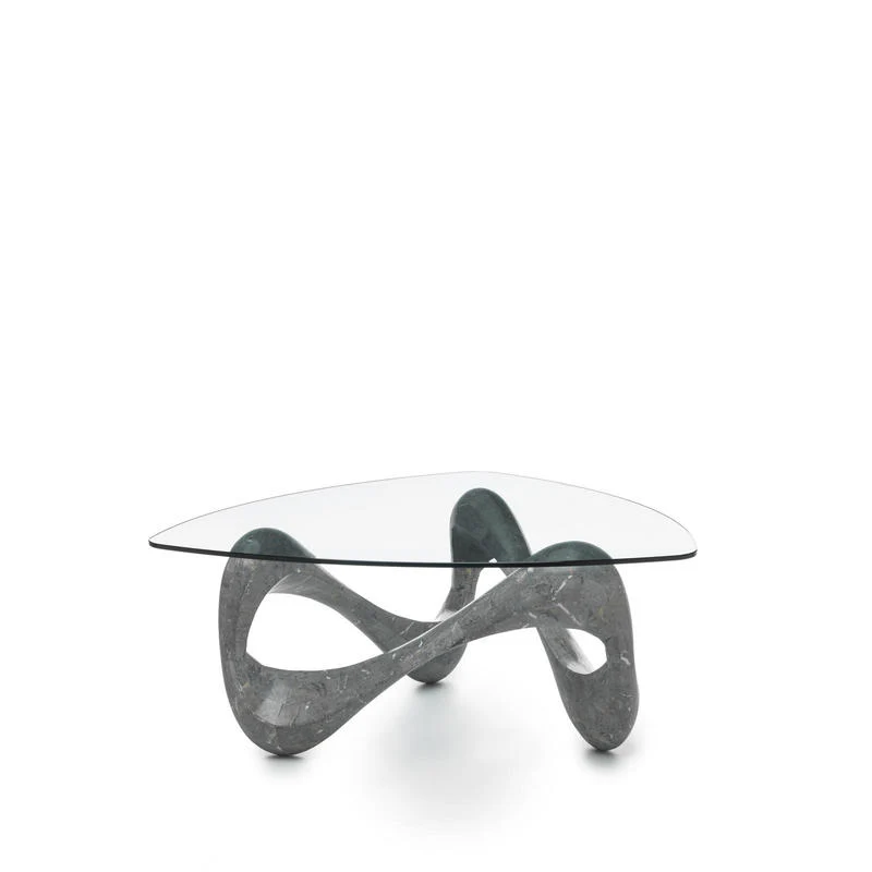 Tavolino da salotto design moderno piano in vetro base in pietra fossile cm 100x100x42h - vari colori