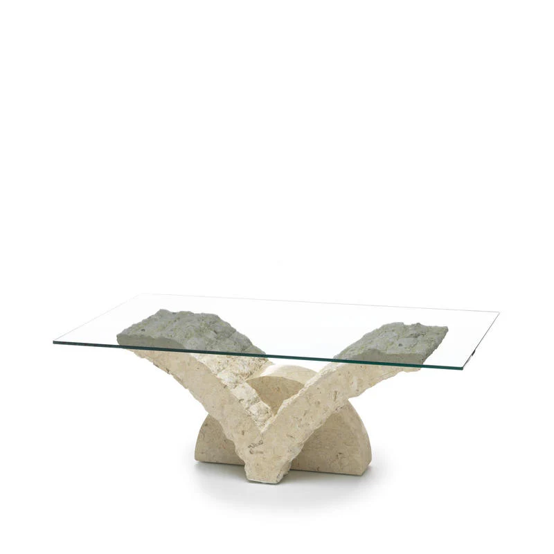 Tavolino da salotto piano rettangolare in vetro base pietra fossile cm 120x70x40h - vari colori