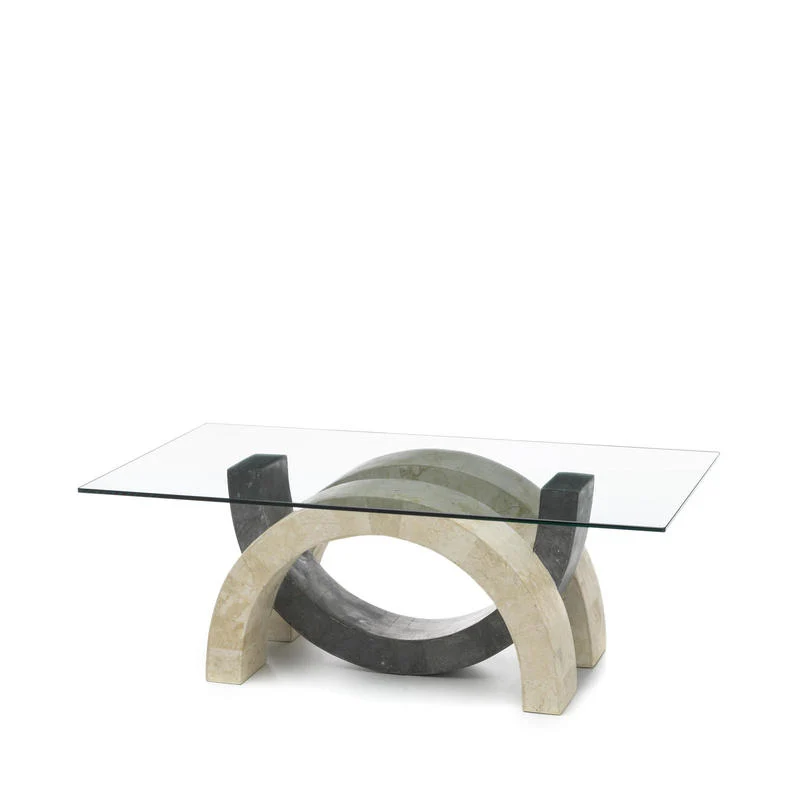 Tavolino design basso piano rettangolare in vetro base in pietra fossile cm 120x70x41h - vari colori