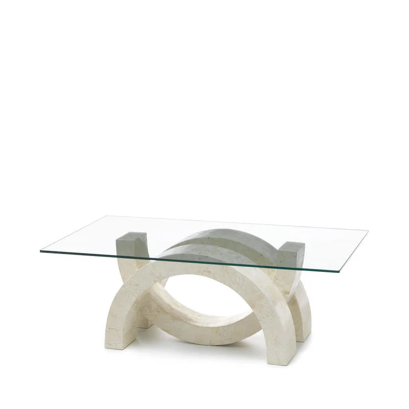 Tavolino da salotto con piano in vetro e base in pietra fossile cm 120x70x41h - vari colori