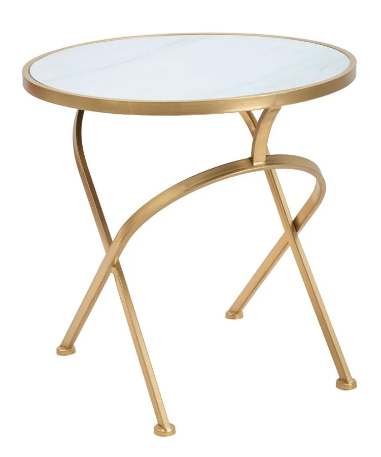 Tavolino moderno da salotto rotondo in metallo dorato e vetro effetto marmo cm Ø 50x50h