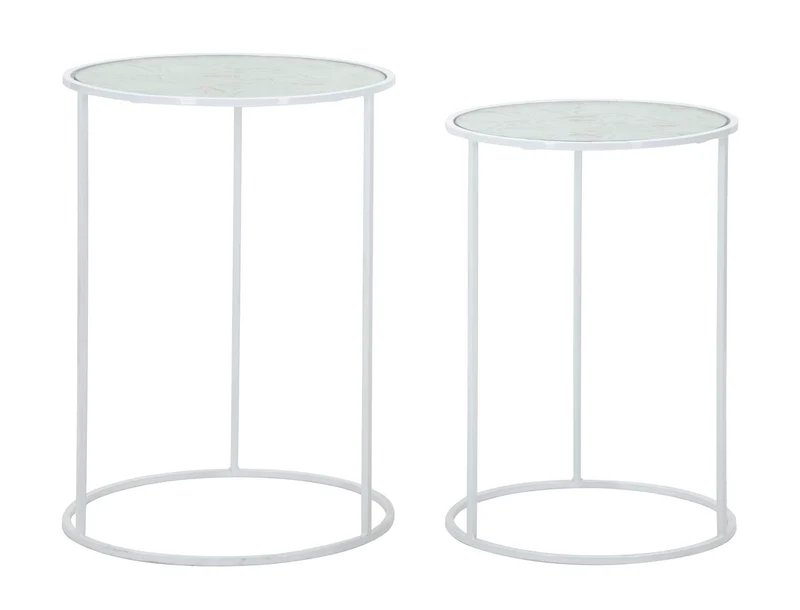 Set 2 Tavolino da salotto tondo in metallo bianco piano in vetro con cuori