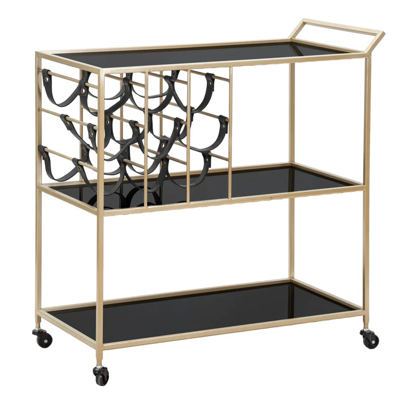 Carrello portavivande con portabottiglie in metallo dorato e vetro nero cm 79x39x82h