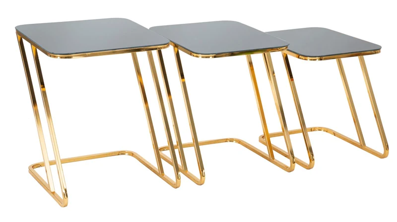 Set da 3 Tavolino quadrato moderno in metallo dorato e vetro per salotto