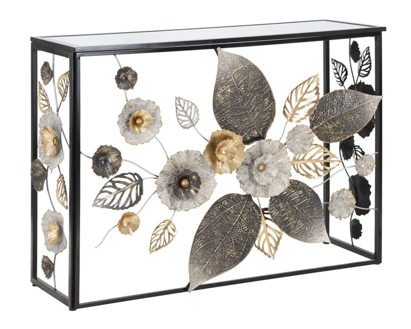 Consolle moderna in metallo decorato con fiori piano con specchio cm 112x42x80h