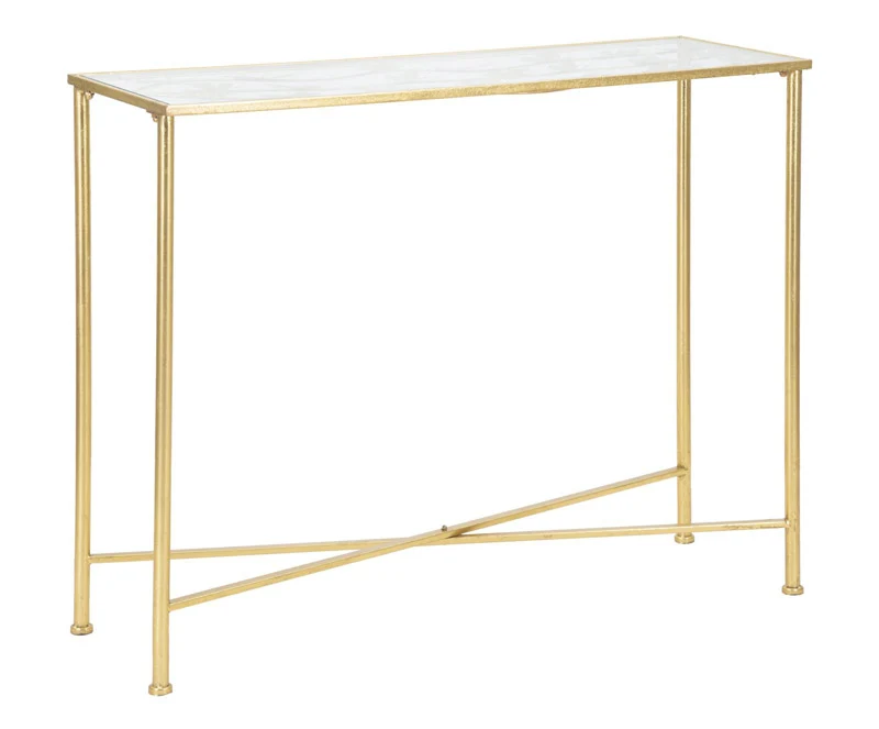 Consolle moderna da ingresso in metallo dorato piano in vetro cm 100x35x80h