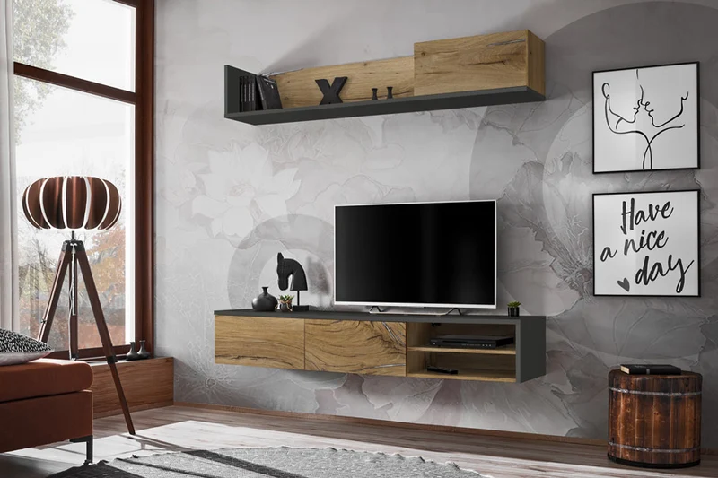 Rosmunda - Parete design da soggiorno sospesa con mobile tv mensola nero e quercia