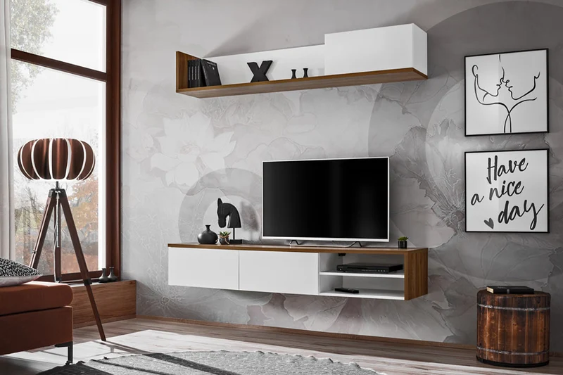 Adorno - Parete sospesa moderna con mobile tv e mensola bianco e noce