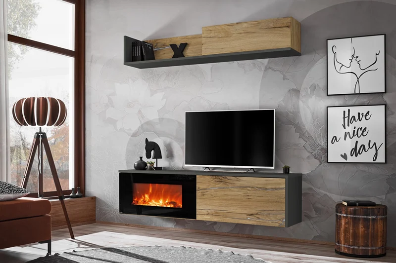 Vicent - Parete living moderna sospesa con caminetto e mensola nero e quercia
