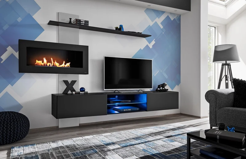 Semia - Composizione soggiorno mobili sospesi con biocamino e porta tv colore nero