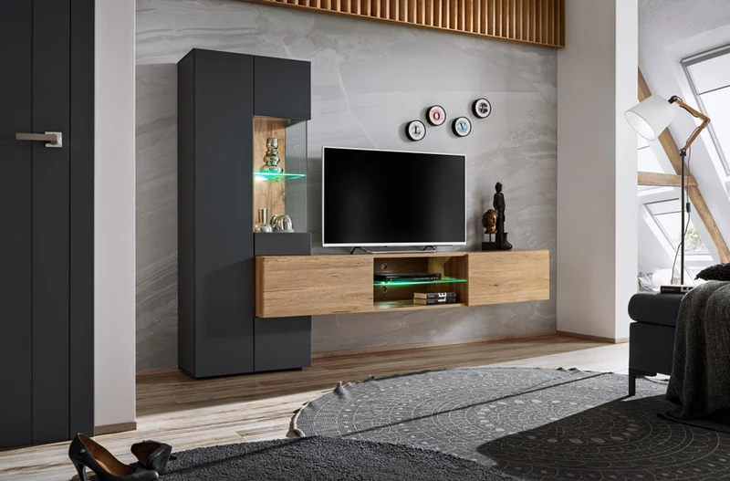 Aliante - Soggiorno a parete con porta tv e mobile con vetrina antracite e quercia
