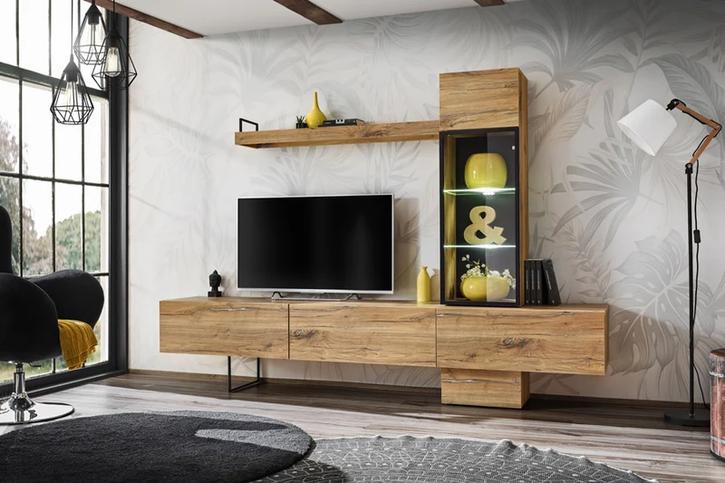Lupie - Parete moderna stile industriale con porta tv e vetrina in legno quercia